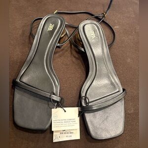 Zara Black Square-Toe Strappy Ankle Tie Heels